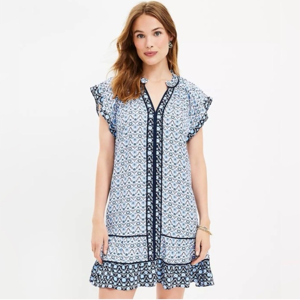 LOFT Floral Blue and White Ruffle Hem V-Neck Mini Dress Medium